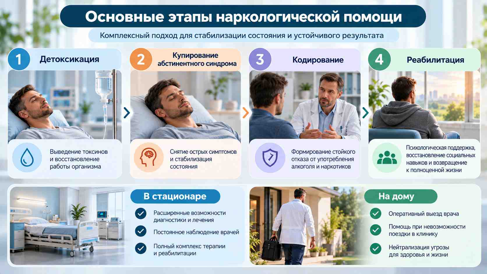 Основные этапы наркологической помощи — лечение на дому и в стационаре. Инфографика с четырьмя этапами наркологической помощи: детоксикация, купирование абстинентного синдрома, кодирование и реабилитация. Сравнение лечения на дому и в стационаре.